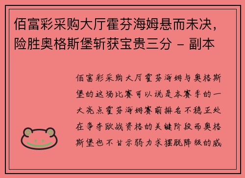佰富彩采购大厅霍芬海姆悬而未决，险胜奥格斯堡斩获宝贵三分 - 副本